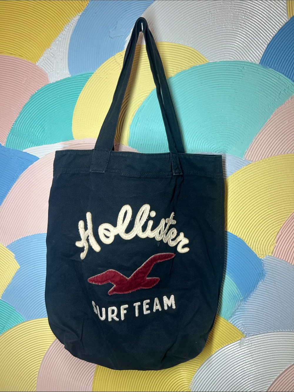 Hollister Navy Canvas Tote with Cream Script & Red Logo 2000s